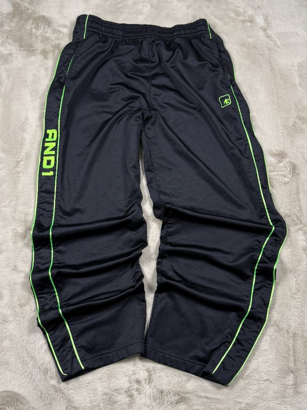 Y2K AND1 Snap Away Warm Up Track Pants Mens Black /Green Polyester XL